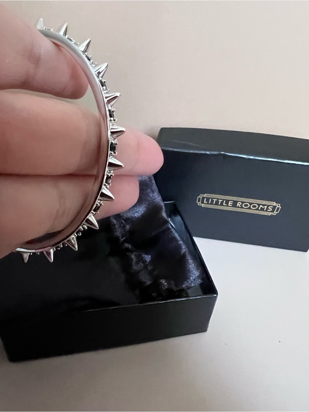 Little Rooms Silver Spiked Bangle Bracelet - Rhodium over brass with black CZ - Picture 2 of 5